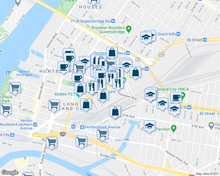 map of restaurants, bars, coffee shops, grocery stores, and more near in Queens