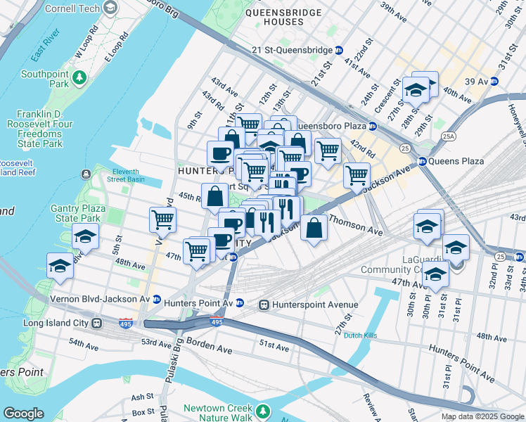 map of restaurants, bars, coffee shops, grocery stores, and more near 21-21 46th Avenue in Queens