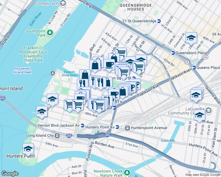 map of restaurants, bars, coffee shops, grocery stores, and more near 11-15 46th Road in Queens