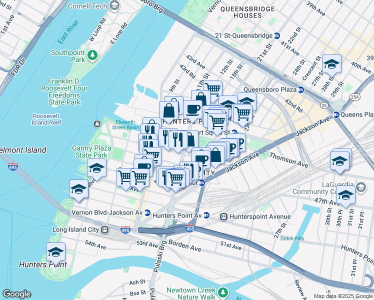 map of restaurants, bars, coffee shops, grocery stores, and more near 11-15 46th Road in Queens