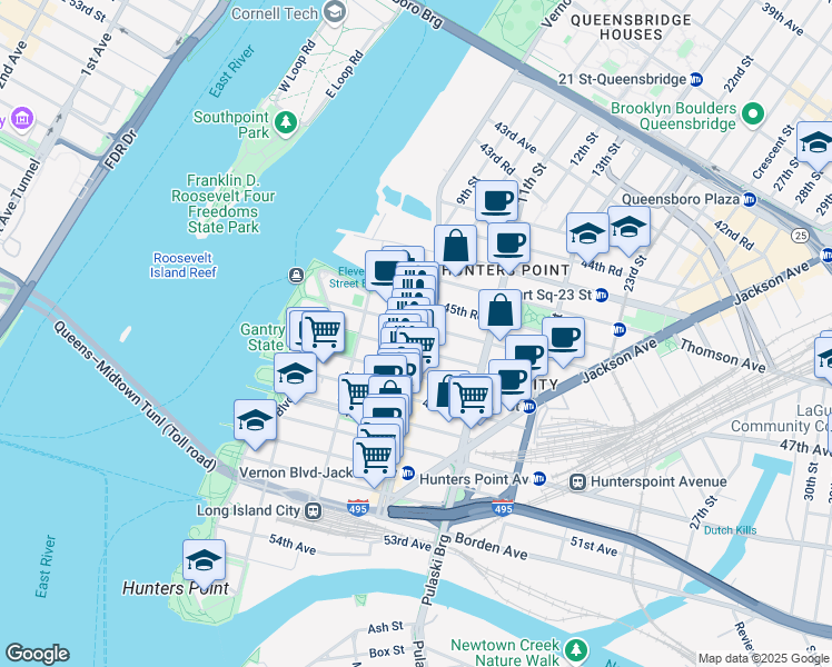 map of restaurants, bars, coffee shops, grocery stores, and more near 46-31 Vernon Boulevard in Queens