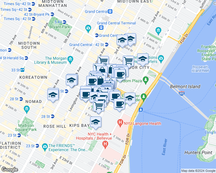 map of restaurants, bars, coffee shops, grocery stores, and more near 649 2nd Avenue in New York