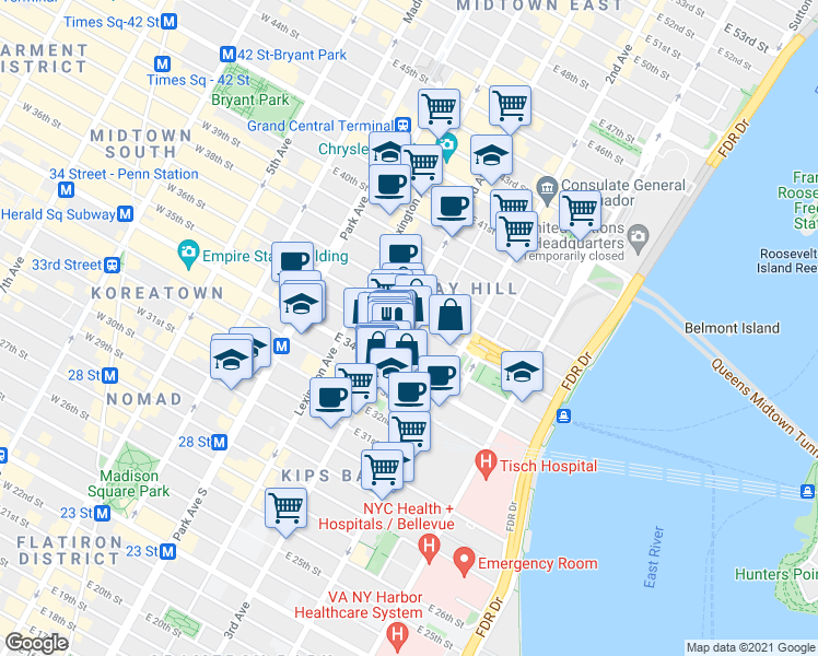 map of restaurants, bars, coffee shops, grocery stores, and more near 214 East 35th Street in New York