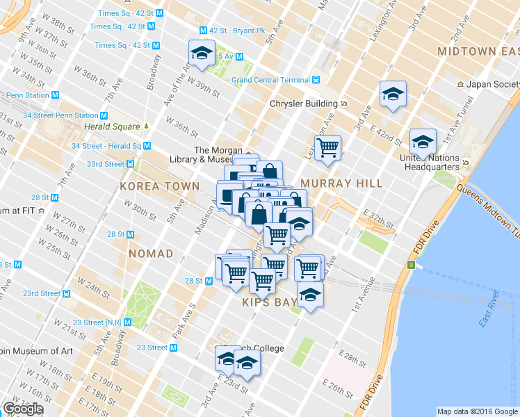 map of restaurants, bars, coffee shops, grocery stores, and more near 225 Lexington Avenue in New York