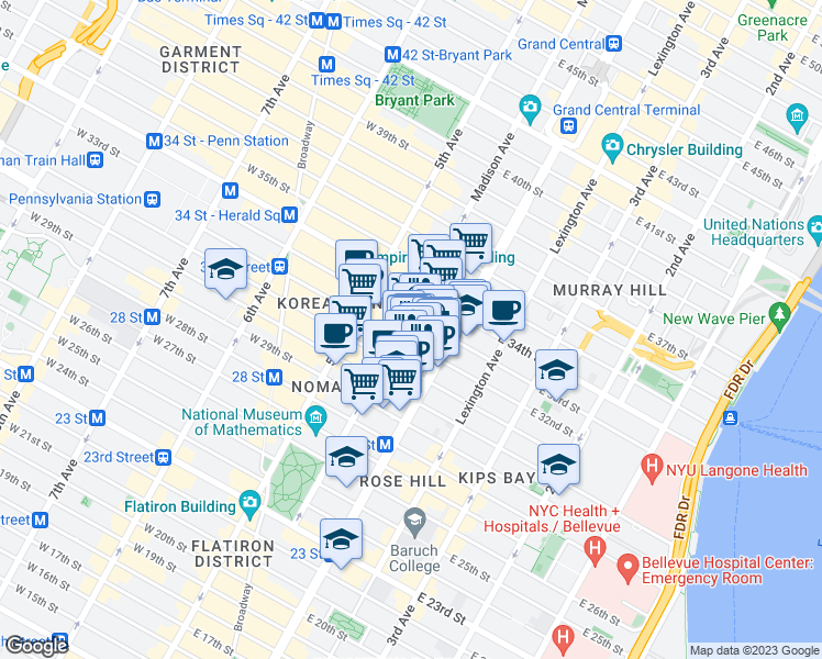 map of restaurants, bars, coffee shops, grocery stores, and more near 38 East 32nd Street in New York