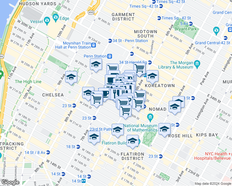 map of restaurants, bars, coffee shops, grocery stores, and more near 121 West 27th Street in New York