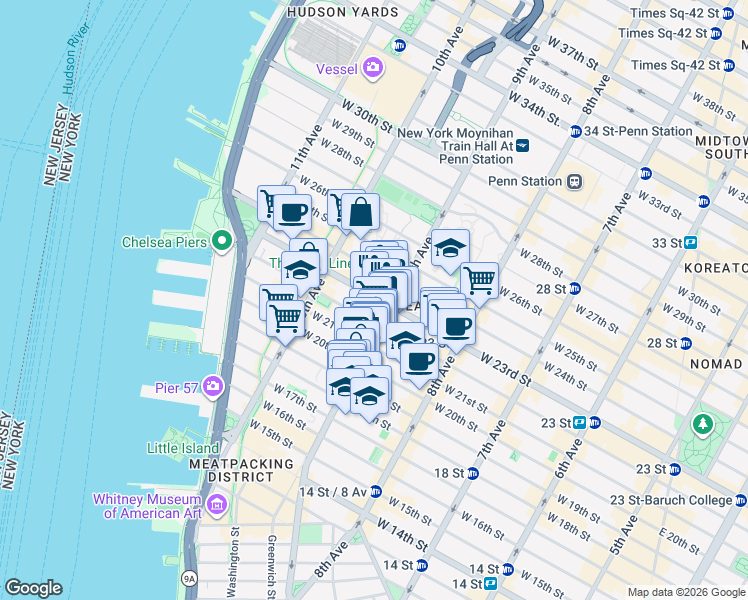 map of restaurants, bars, coffee shops, grocery stores, and more near 414 West 22nd Street in New York