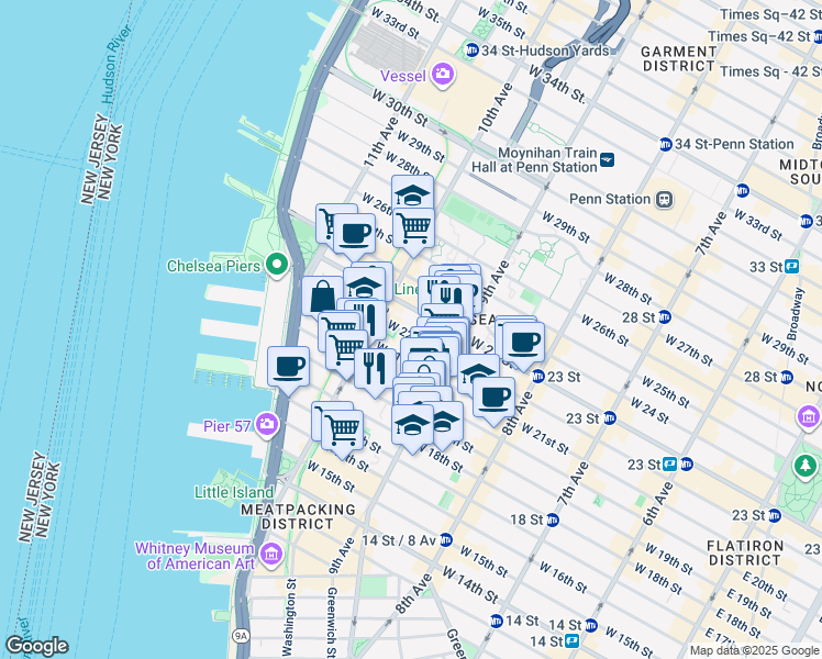 map of restaurants, bars, coffee shops, grocery stores, and more near 445 West 21st Street in New York