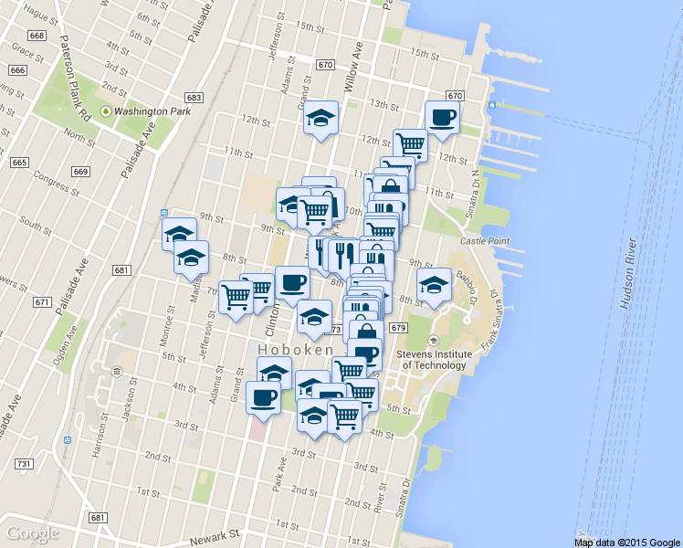 map of restaurants, bars, coffee shops, grocery stores, and more near 157 8th Street in Hoboken