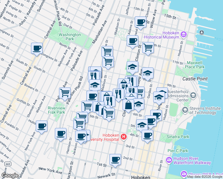 map of restaurants, bars, coffee shops, grocery stores, and more near 711 Adams Street in Hoboken