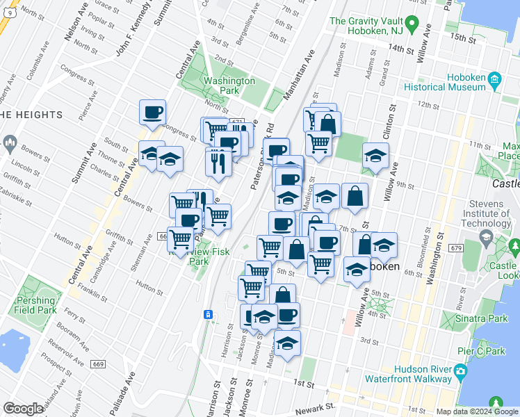 map of restaurants, bars, coffee shops, grocery stores, and more near 601 Harrison Street in Hoboken