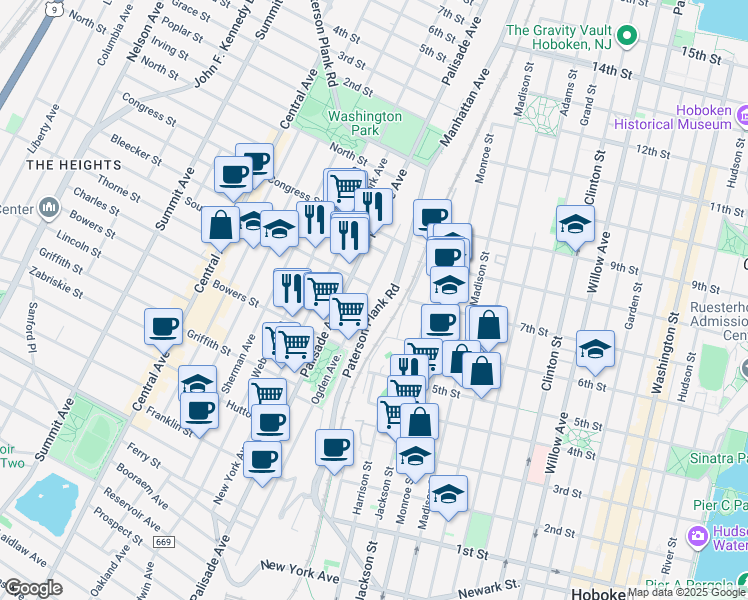 map of restaurants, bars, coffee shops, grocery stores, and more near 360 Ogden Avenue in Jersey City
