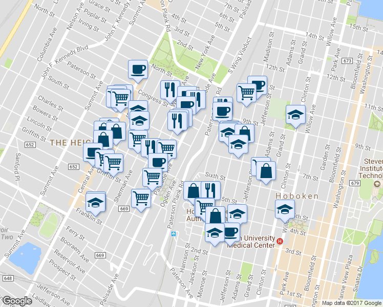map of restaurants, bars, coffee shops, grocery stores, and more near 360 Ogden Avenue in Jersey City