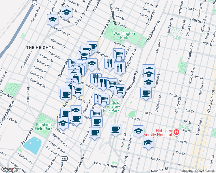 map of restaurants, bars, coffee shops, grocery stores, and more near 52 Bowers Street in Jersey City