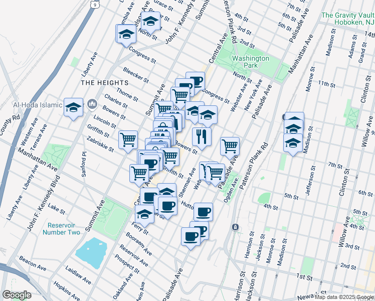 map of restaurants, bars, coffee shops, grocery stores, and more near 95 Hancock Avenue in Jersey City