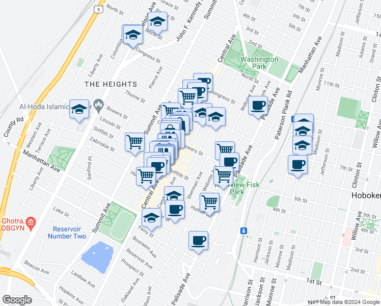 map of restaurants, bars, coffee shops, grocery stores, and more near 95 Hancock Avenue in Jersey City