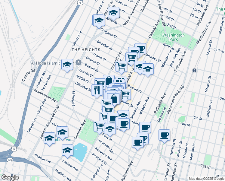 map of restaurants, bars, coffee shops, grocery stores, and more near 22 Zabriskie Street in Jersey City
