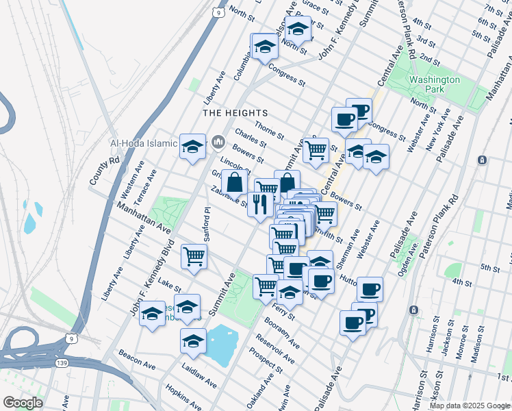 map of restaurants, bars, coffee shops, grocery stores, and more near 47 Zabriskie Street in Jersey City