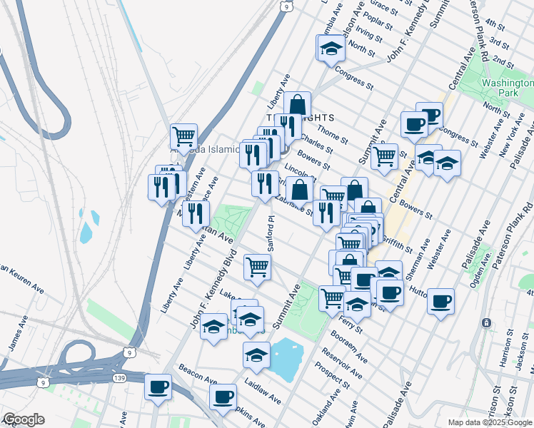 map of restaurants, bars, coffee shops, grocery stores, and more near 134 Sherman Place in Jersey City