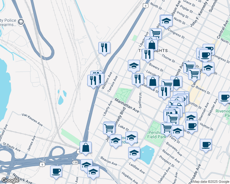 map of restaurants, bars, coffee shops, grocery stores, and more near 260 County Road 647 in Jersey City