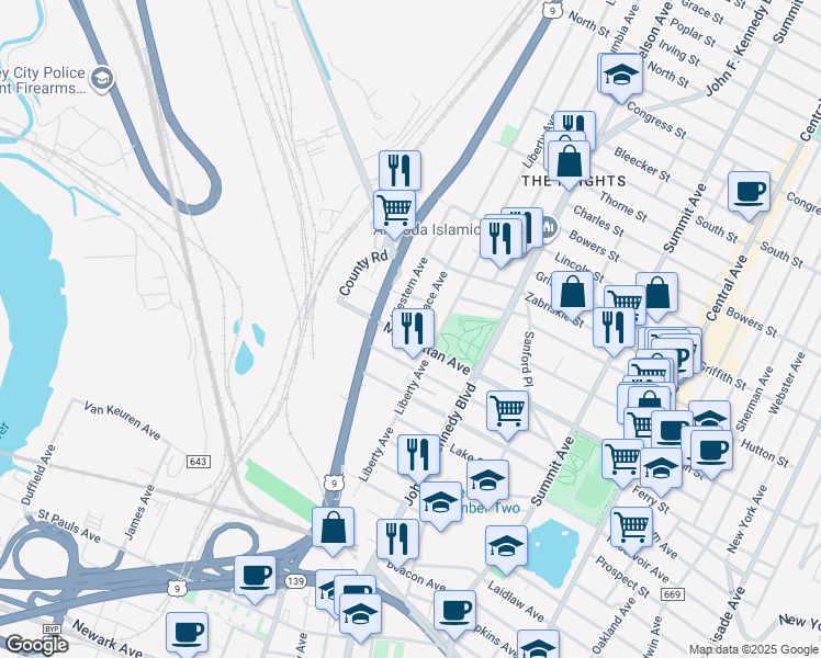 map of restaurants, bars, coffee shops, grocery stores, and more near 150 Beach Street in Jersey City