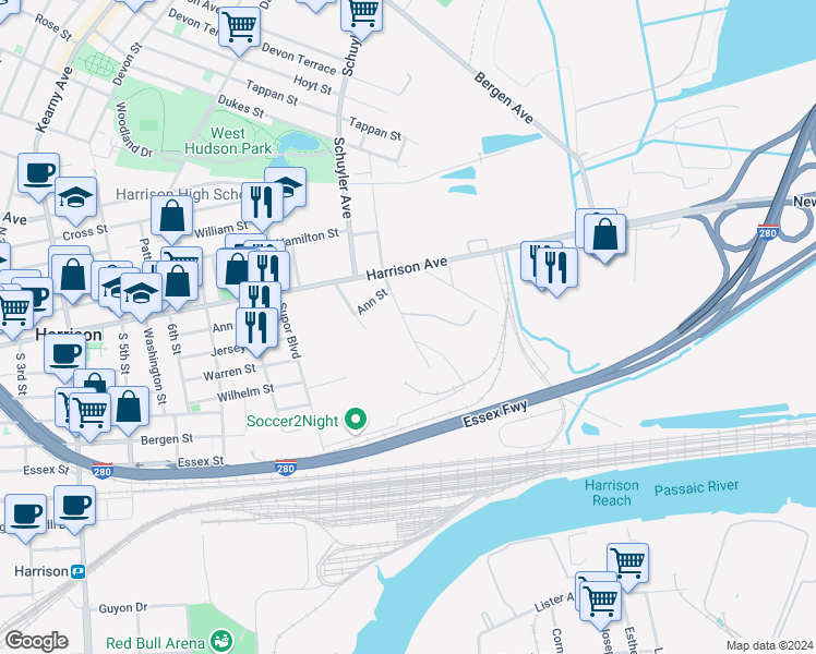 map of restaurants, bars, coffee shops, grocery stores, and more near 22 Sanford Ave in Kearny