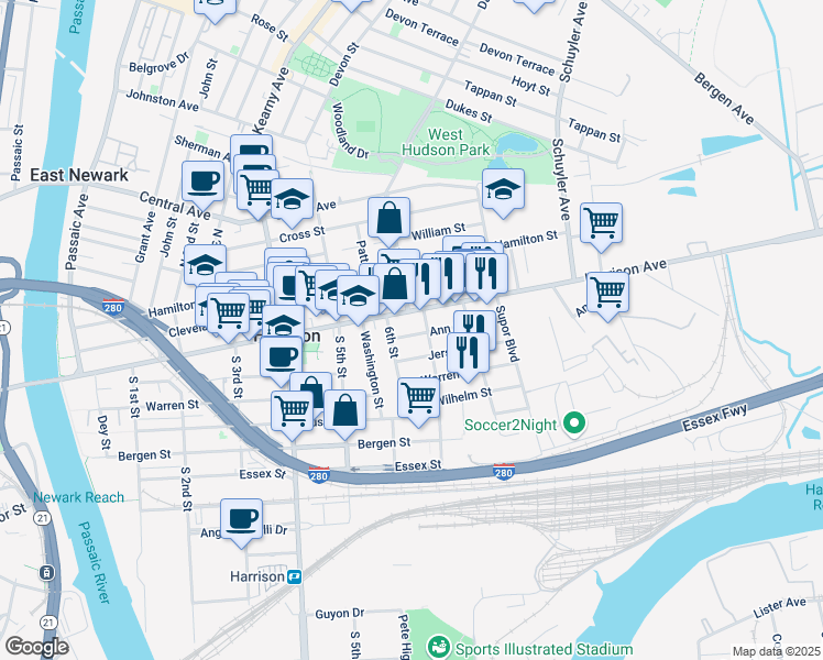 map of restaurants, bars, coffee shops, grocery stores, and more near 620 Jersey Street in Harrison