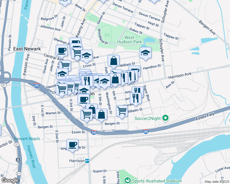 map of restaurants, bars, coffee shops, grocery stores, and more near 28 1/2 Washington Street in Harrison