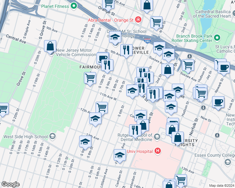 map of restaurants, bars, coffee shops, grocery stores, and more near 52 11th Avenue West in Newark