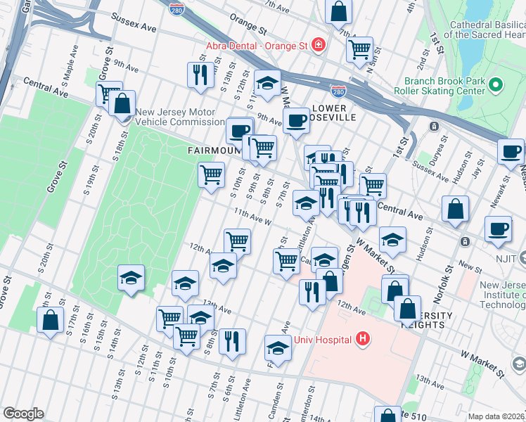 map of restaurants, bars, coffee shops, grocery stores, and more near in Newark