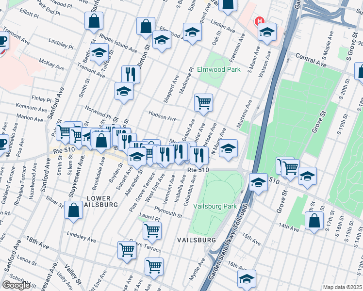 map of restaurants, bars, coffee shops, grocery stores, and more near 21 Cedar Avenue in Newark