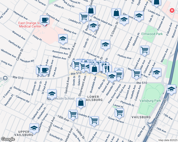 map of restaurants, bars, coffee shops, grocery stores, and more near in East Orange