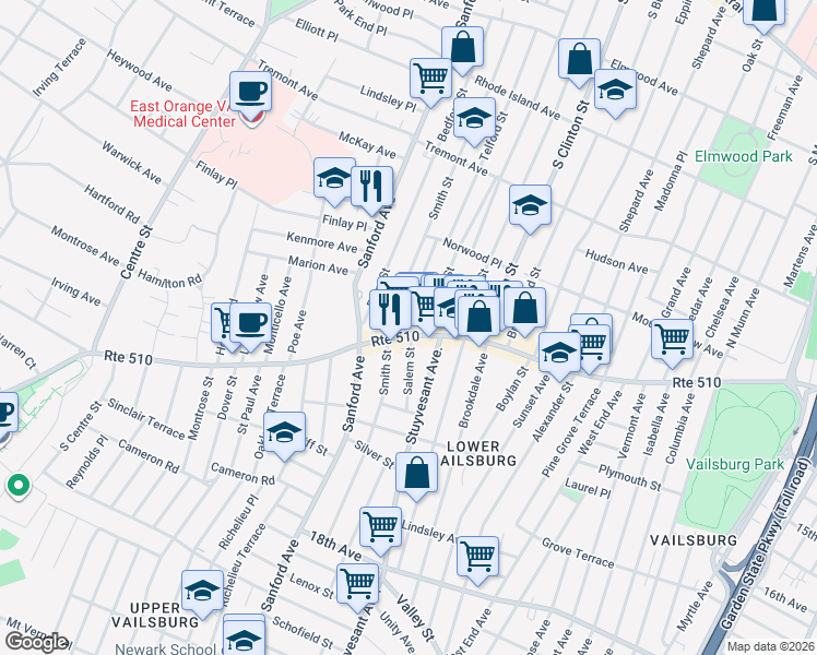map of restaurants, bars, coffee shops, grocery stores, and more near 174 Smith Street in Newark