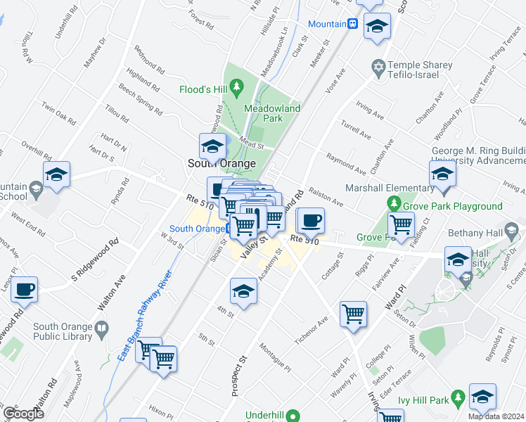 map of restaurants, bars, coffee shops, grocery stores, and more near 14 Route 510 in South Orange