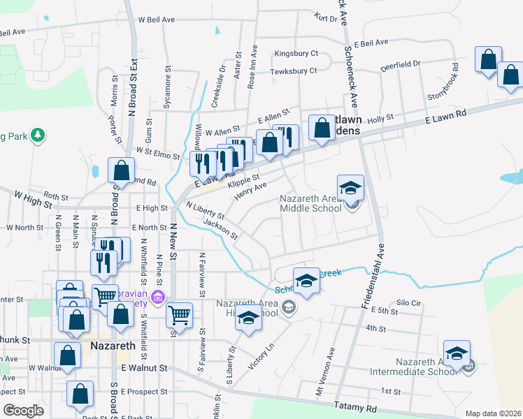 map of restaurants, bars, coffee shops, grocery stores, and more near 46 Charles Avenue in Nazareth