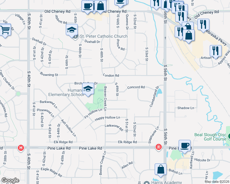 map of restaurants, bars, coffee shops, grocery stores, and more near 4900 Deer Creek Circle in Lincoln