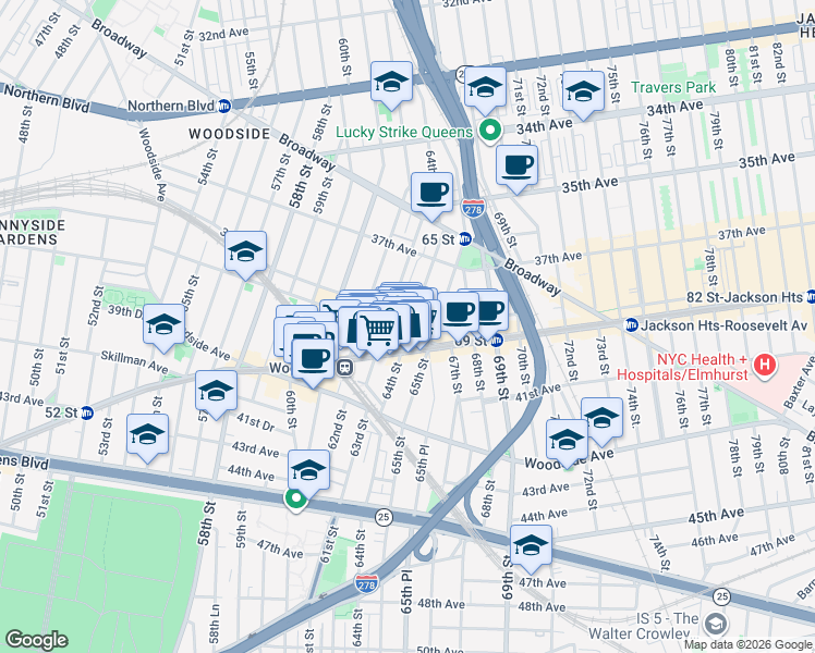 map of restaurants, bars, coffee shops, grocery stores, and more near 6319 Roosevelt Avenue in Queens