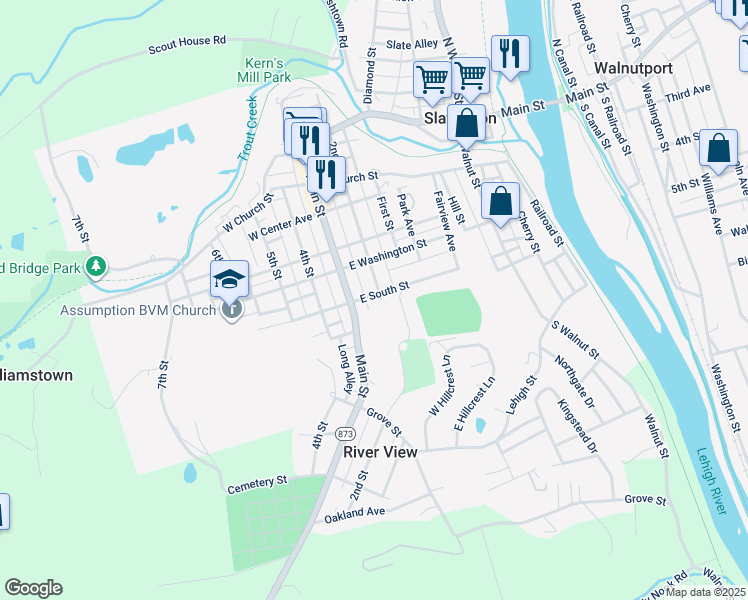 map of restaurants, bars, coffee shops, grocery stores, and more near 209 East South Street in Slatington