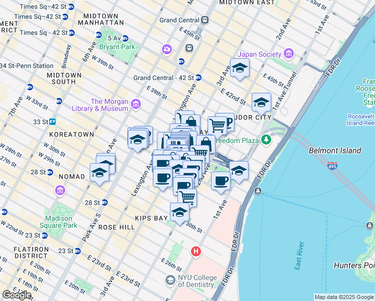 map of restaurants, bars, coffee shops, grocery stores, and more near 214 East 35th Street in New York