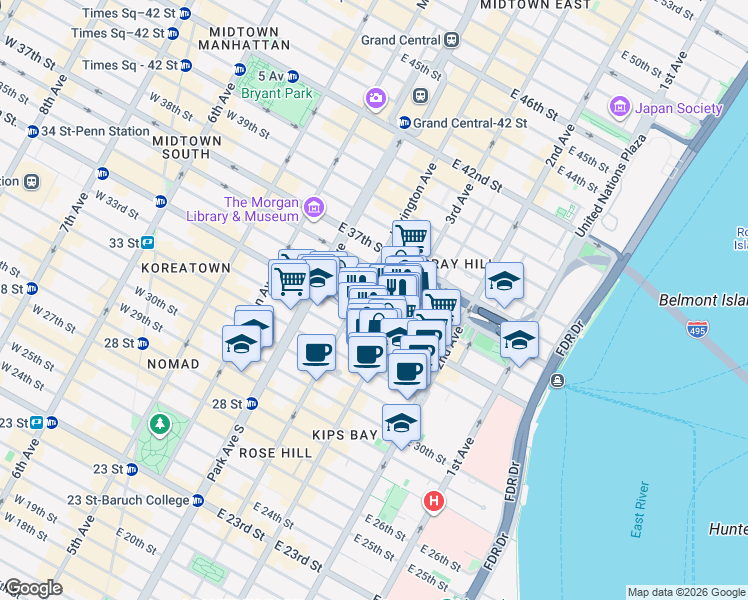 map of restaurants, bars, coffee shops, grocery stores, and more near 507 3rd Avenue in New York