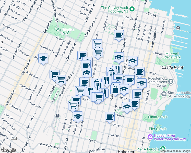 map of restaurants, bars, coffee shops, grocery stores, and more near 625 Madison Street in Hoboken