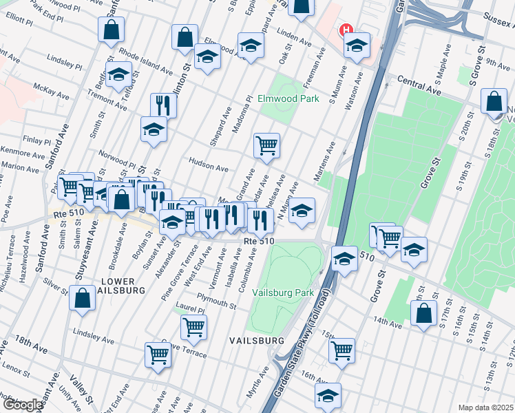 map of restaurants, bars, coffee shops, grocery stores, and more near 27 Chelsea Avenue in Newark