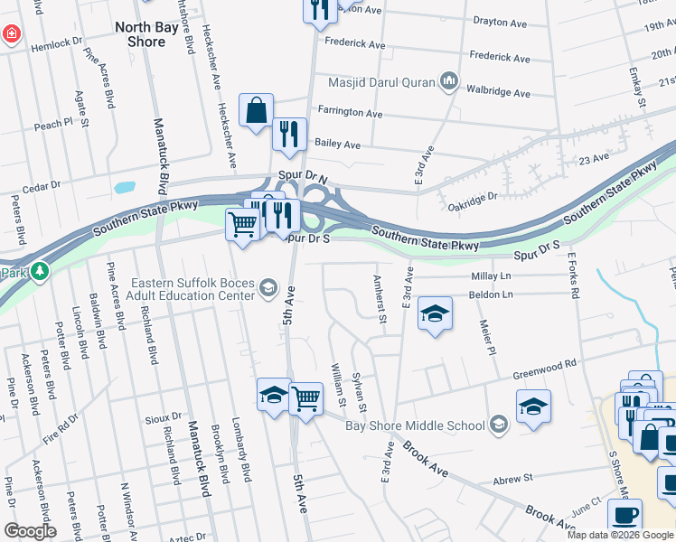 map of restaurants, bars, coffee shops, grocery stores, and more near 20 Dartmouth Drive in Bay Shore