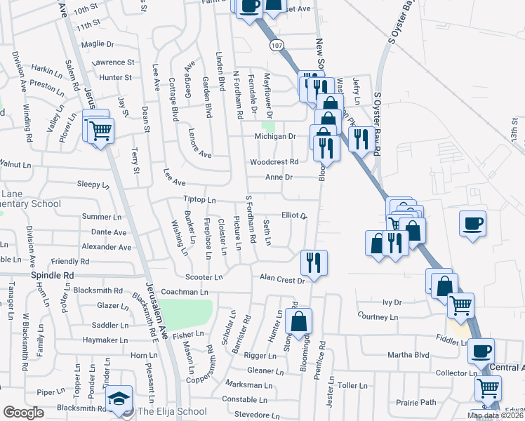 map of restaurants, bars, coffee shops, grocery stores, and more near 29 Seth Lane in Hicksville
