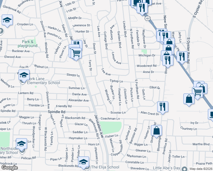 map of restaurants, bars, coffee shops, grocery stores, and more near 162 Scooter Lane in Hicksville