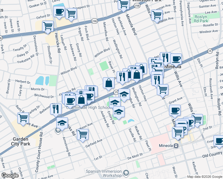 map of restaurants, bars, coffee shops, grocery stores, and more near 360 Jericho Turnpike in Mineola