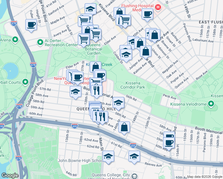 map of restaurants, bars, coffee shops, grocery stores, and more near 141-16 Booth Memorial Avenue in Queens
