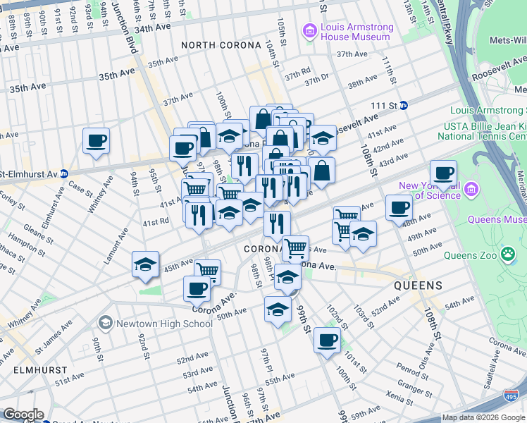 map of restaurants, bars, coffee shops, grocery stores, and more near 98-41 44th Avenue in Queens