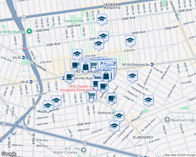 map of restaurants, bars, coffee shops, grocery stores, and more near 80-02 41st Avenue in Queens