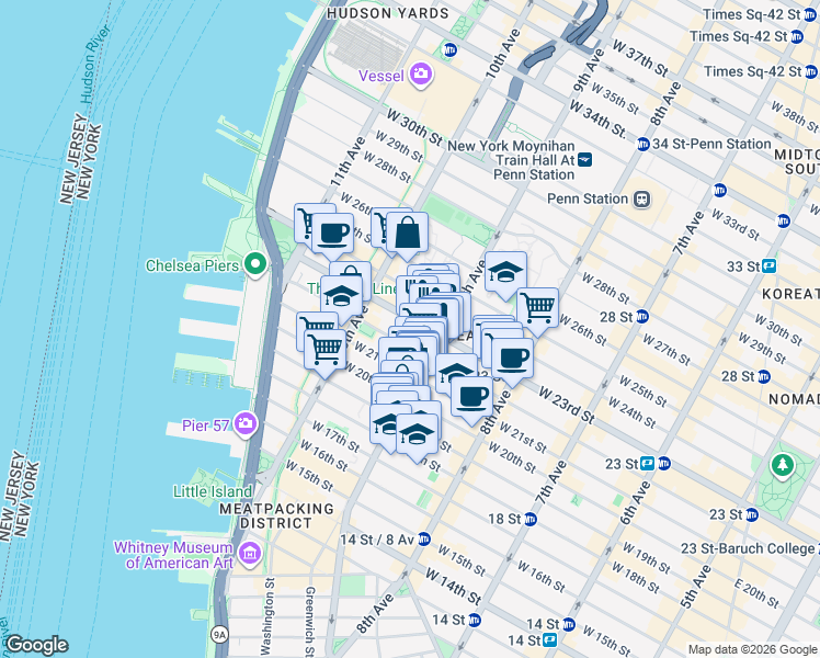 map of restaurants, bars, coffee shops, grocery stores, and more near 414 West 22nd Street in New York